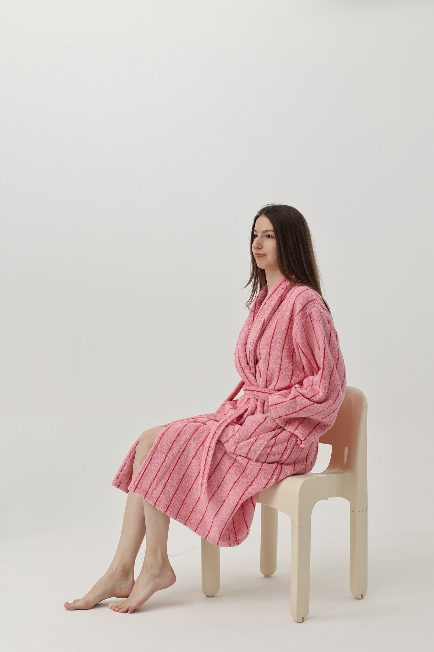 Retro Stripe Cotton Terry Bathrobe - Rose Pink / Red - view 6