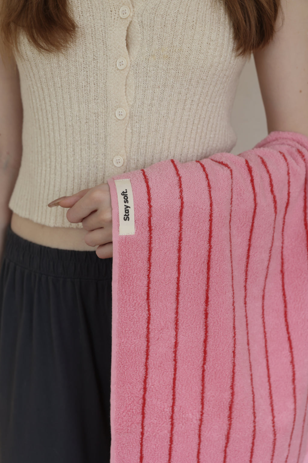 Vintage Stripe Cotton Towel Set - Pink / Red