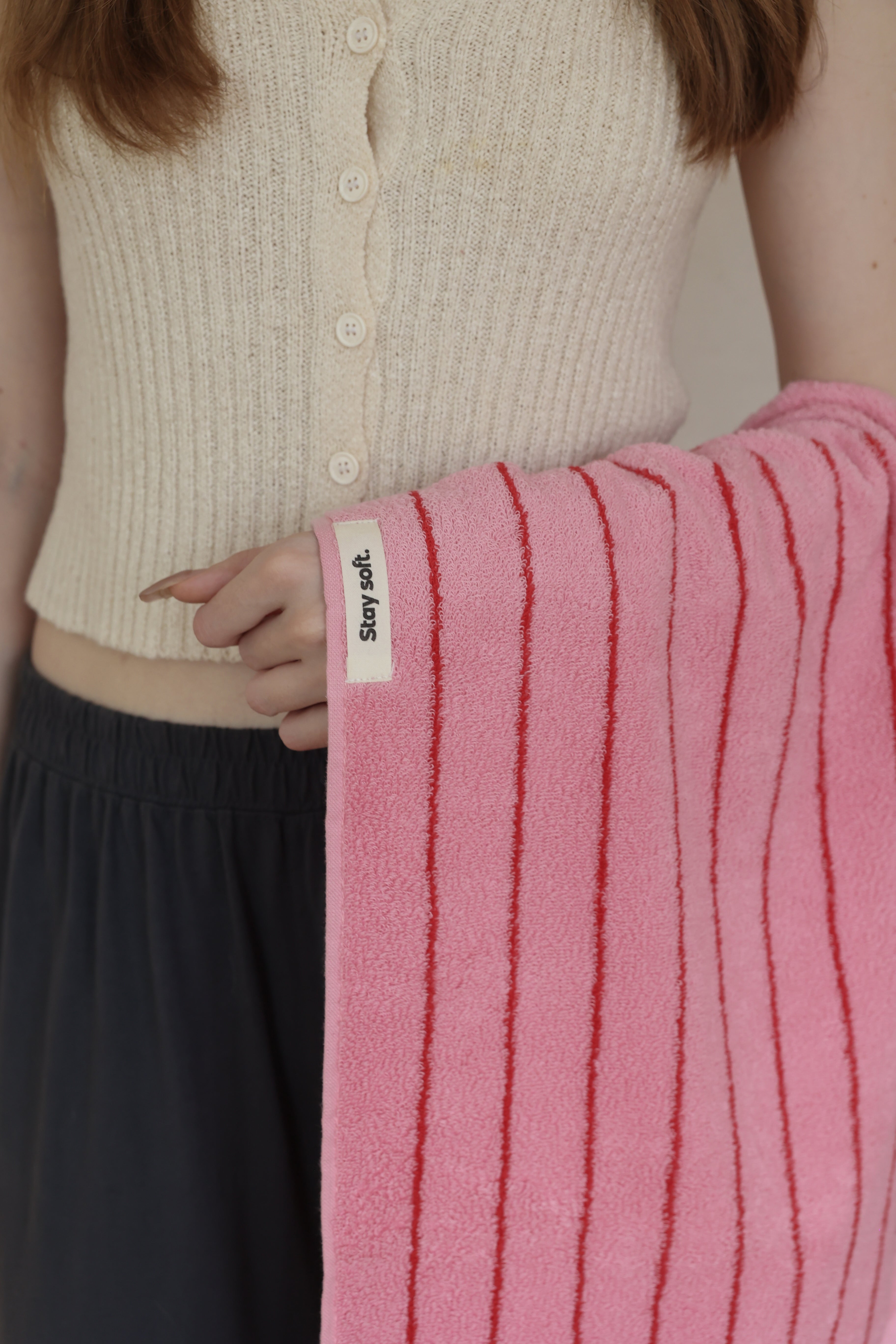 Vintage Stripe Cotton Towel Set - Pink / Red