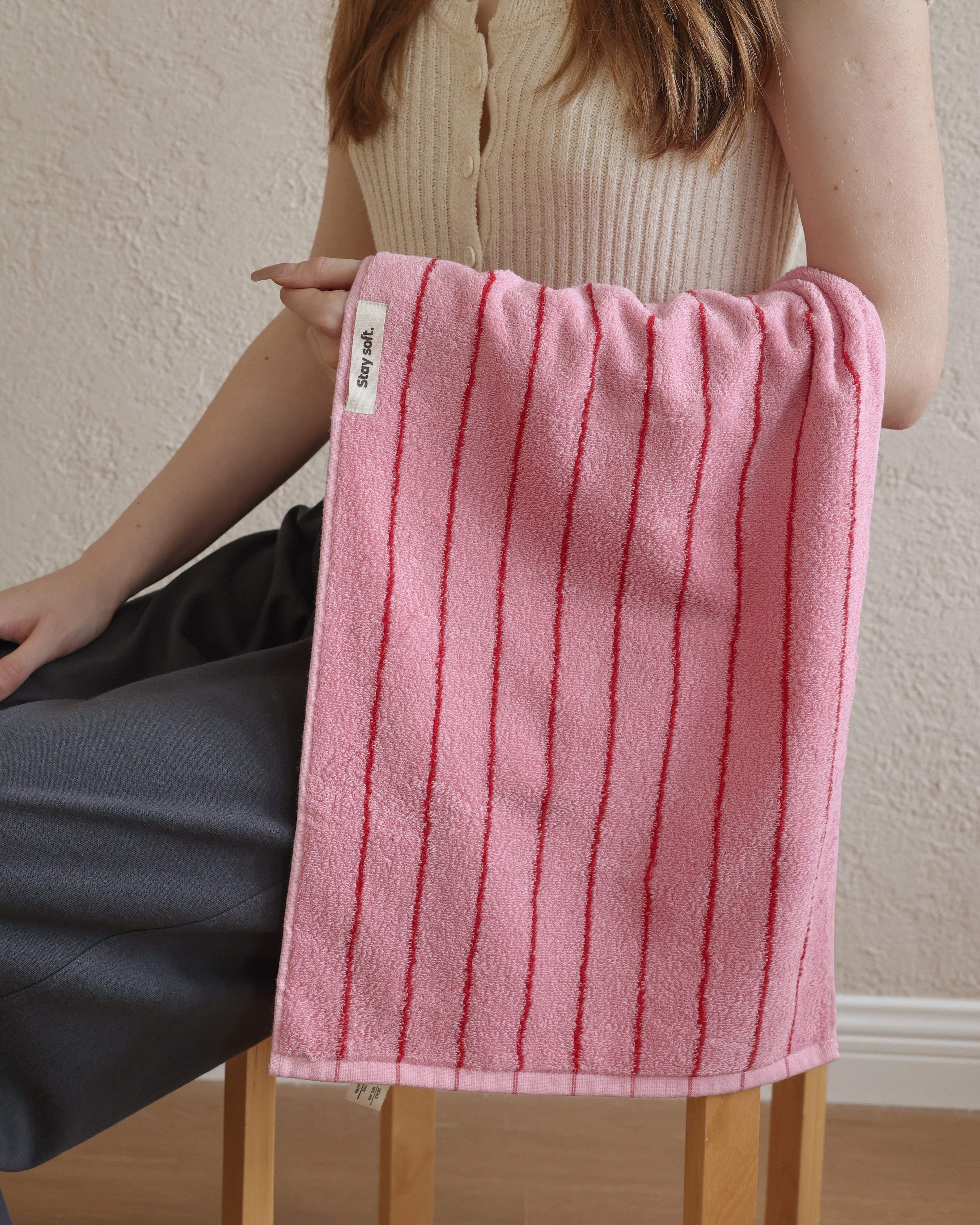 Vintage Stripe Cotton Towel Set - Pink / Red