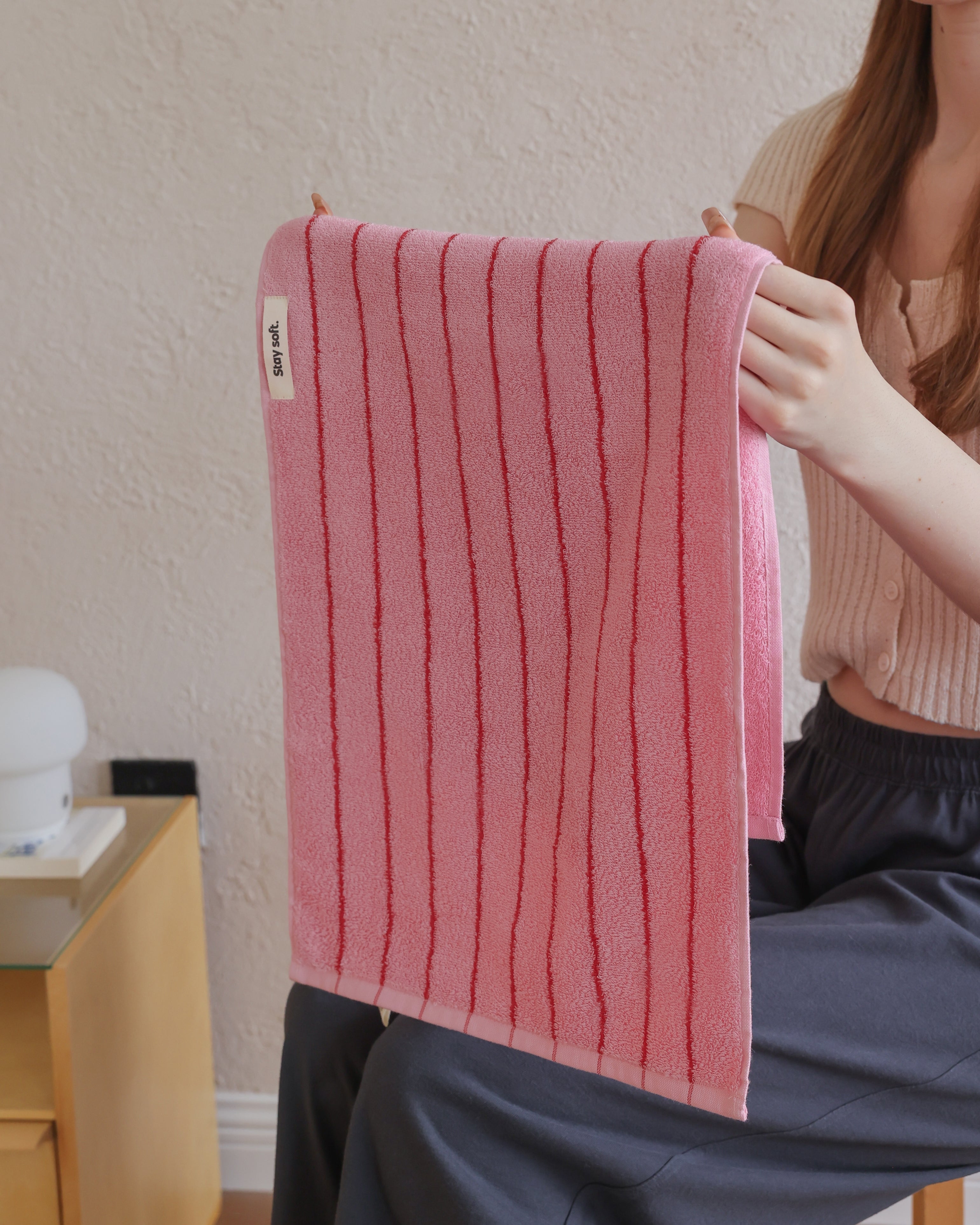 Vintage Stripe Cotton Towel Set - Pink / Red
