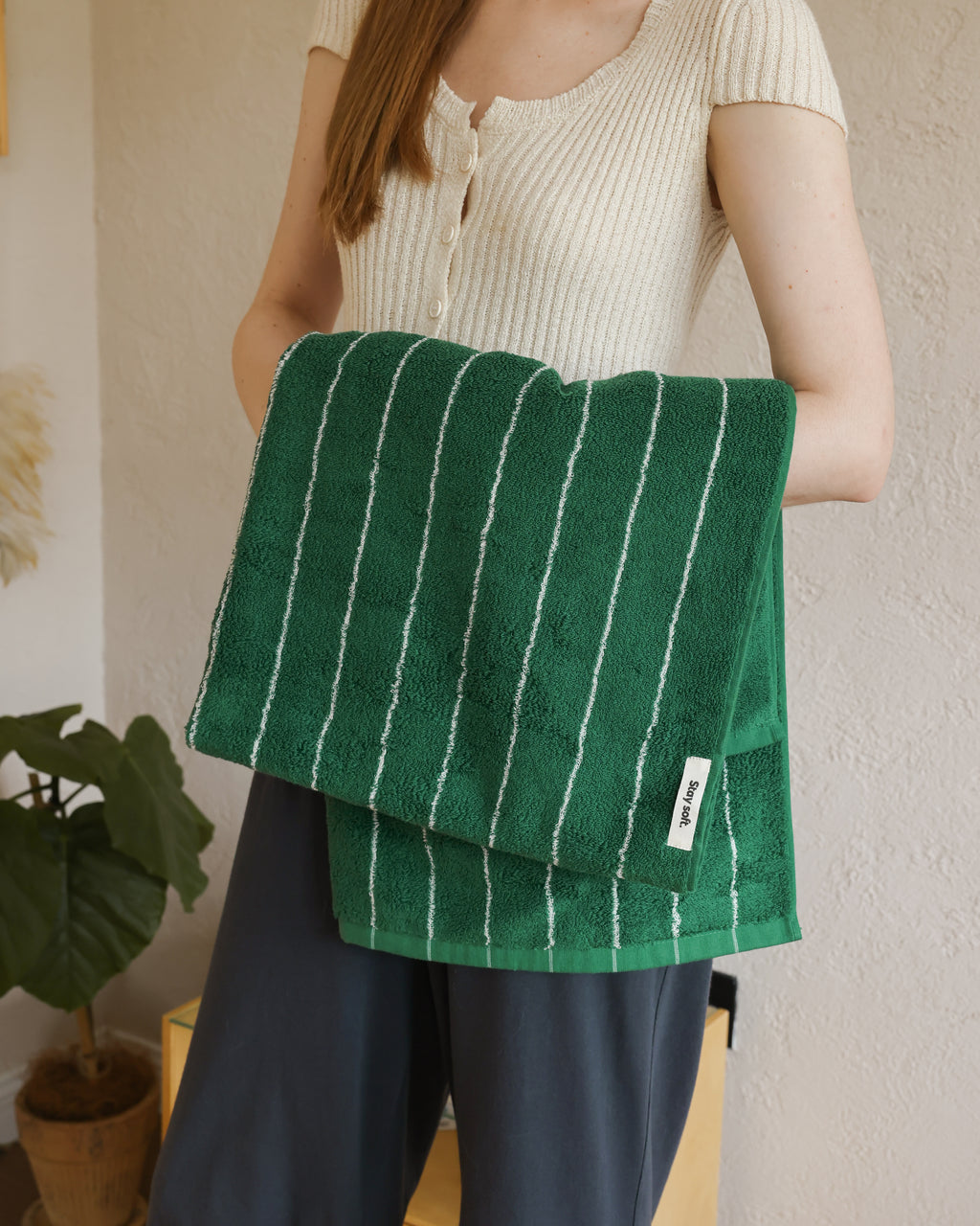 Vintage Stripe Cotton Towel Set - Green / White