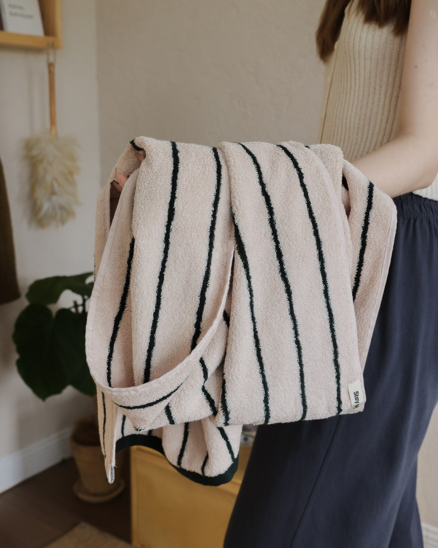 Classic Stripe Cotton Towel Set - Green / Beige
