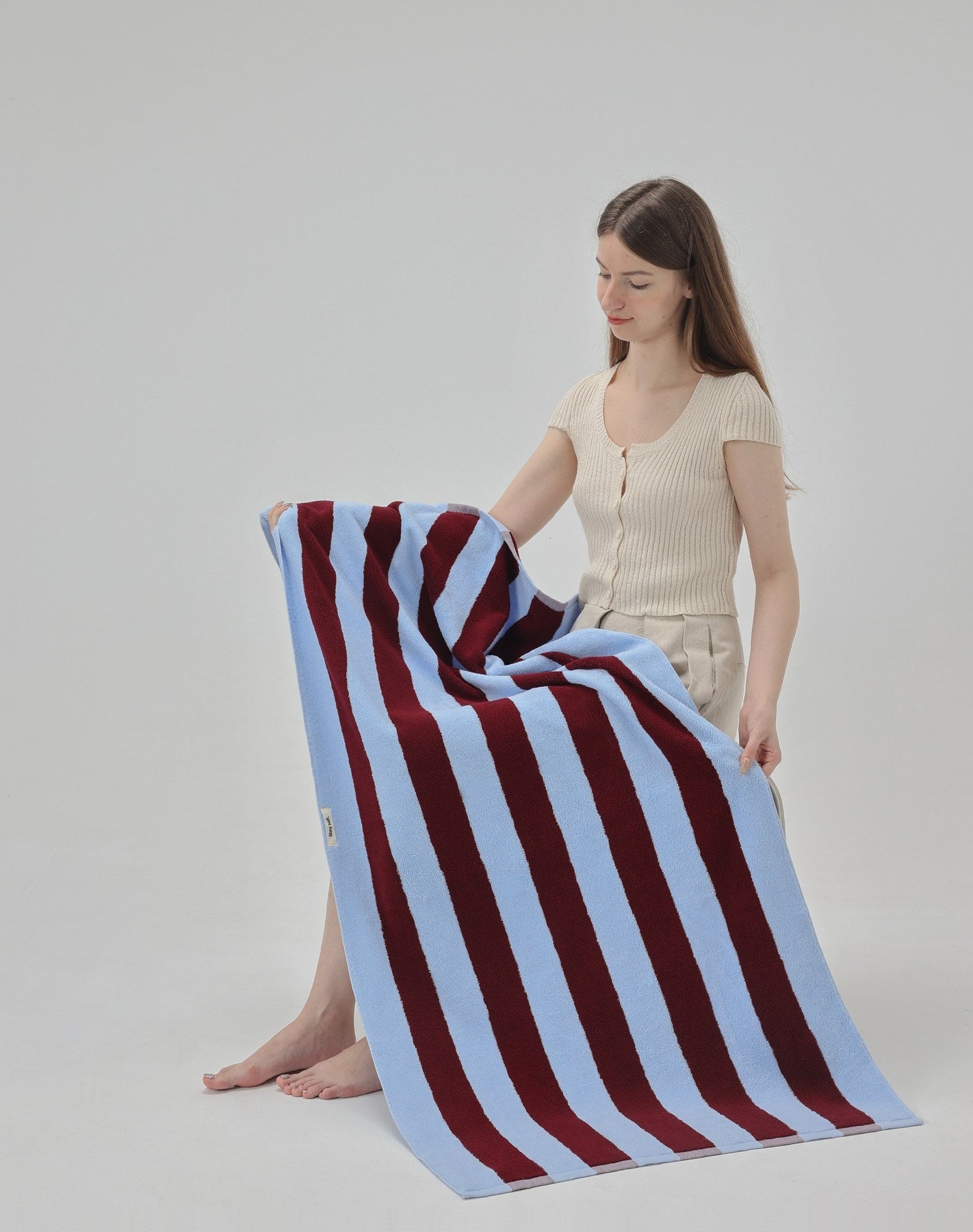 Thick Stripe Cotton Towel Set - Blue / Red