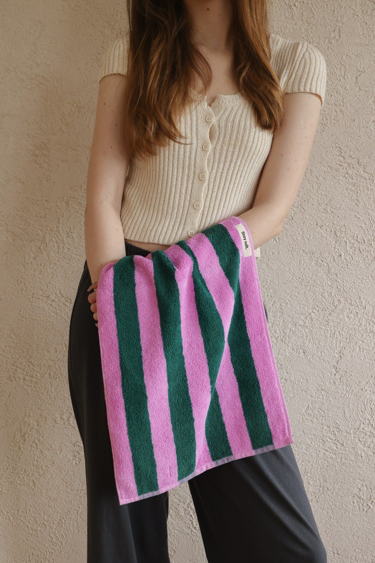 Thick Stripe Cotton Towel Set - Green / Purple