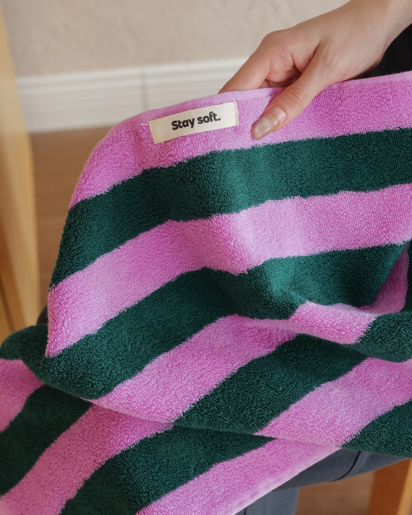 Thick Stripe Cotton Towel Set - Green / Purple