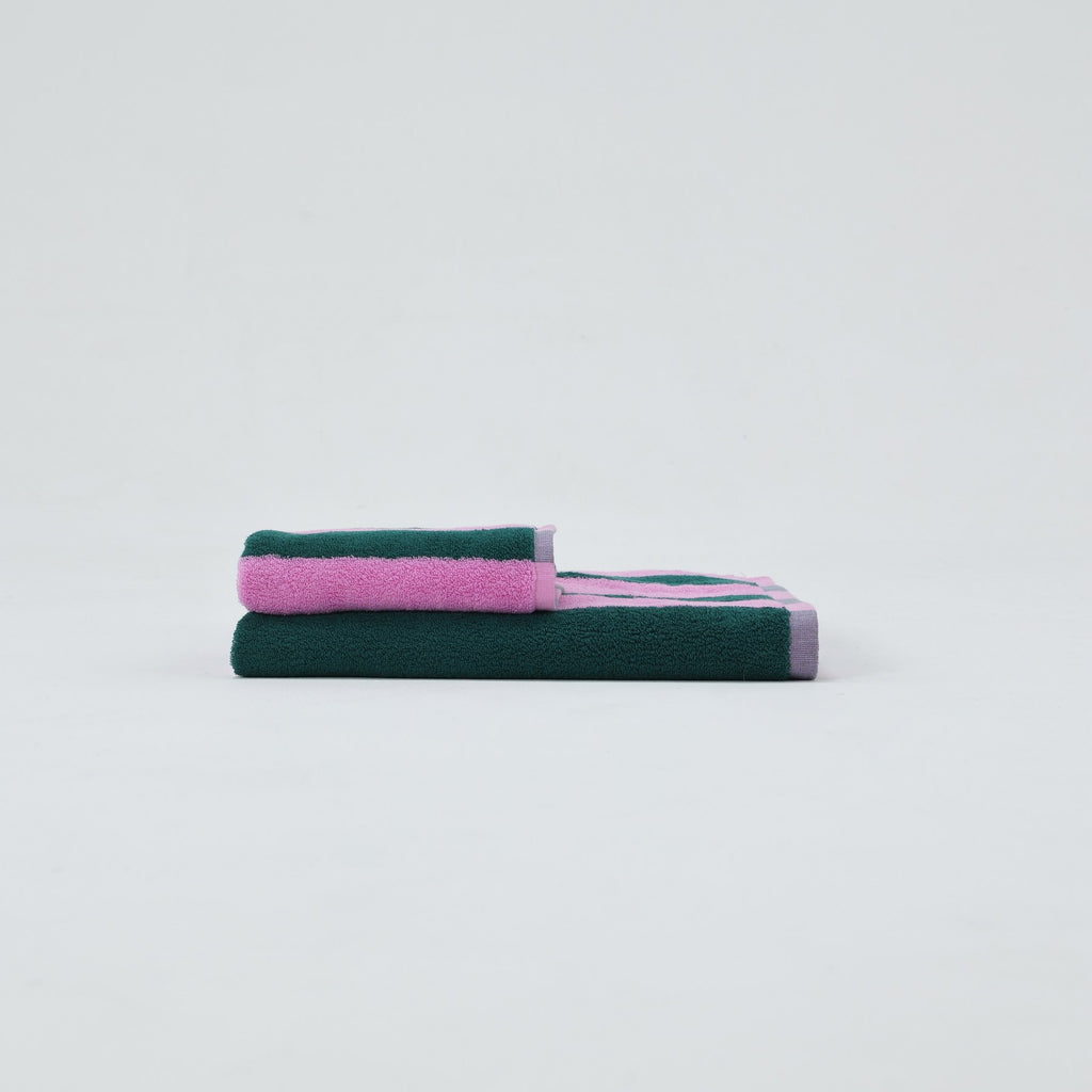 Thick Stripe Cotton Towel Set - Green / Purple