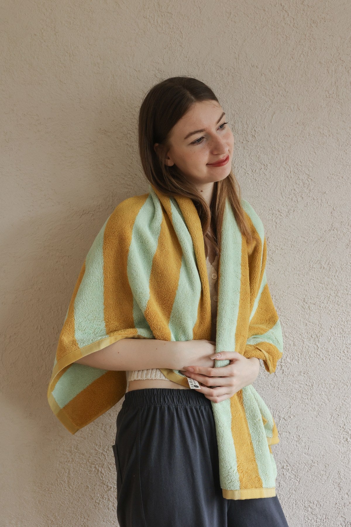 Thick Stripe Cotton Towel Set - Green / Yellow