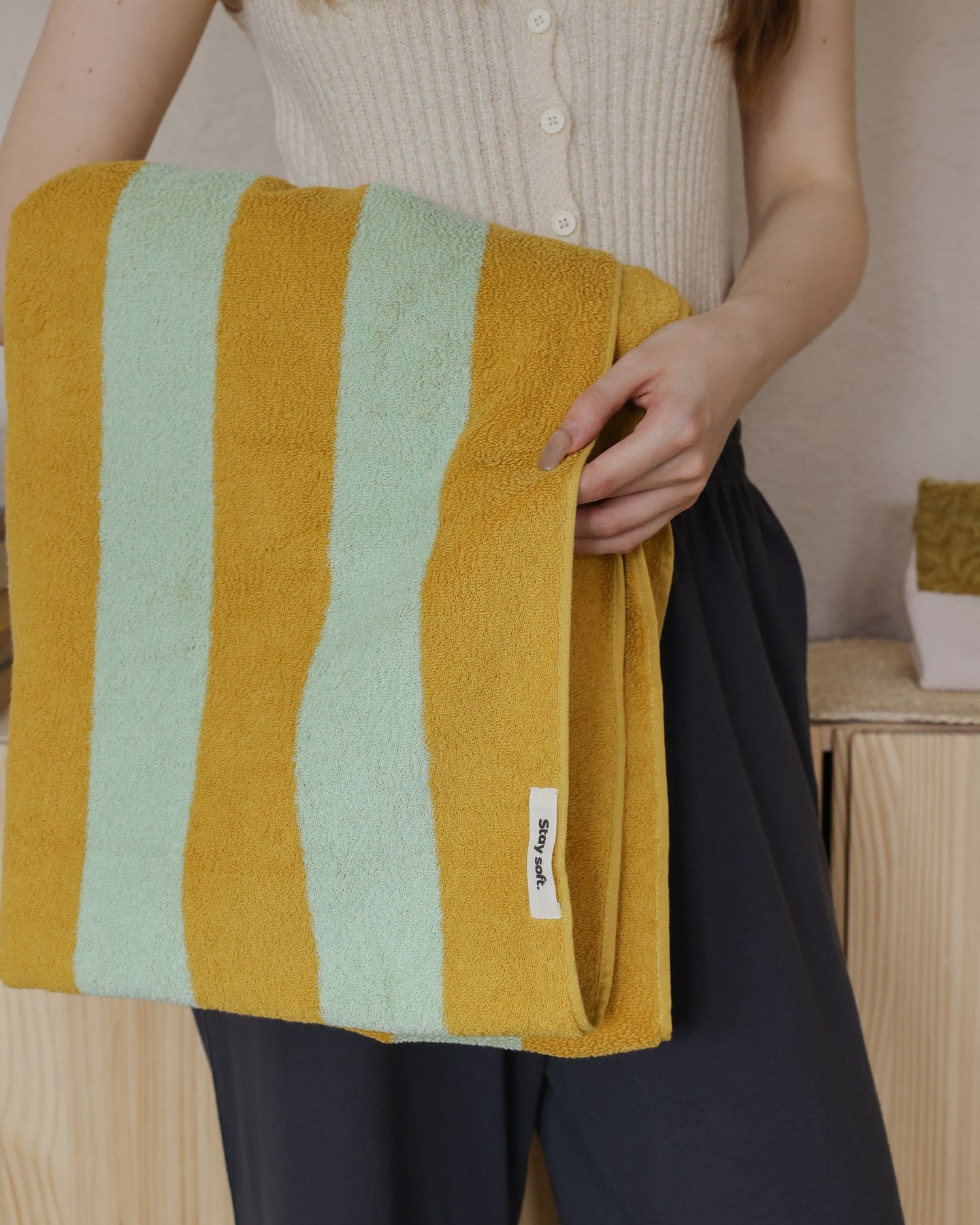 Thick Stripe Cotton Towel Set - Green / Yellow