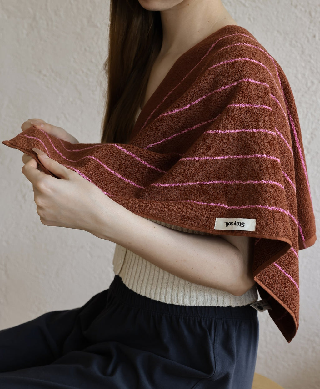 Vintage Stripe Cotton Towel Set - Brown / Pink