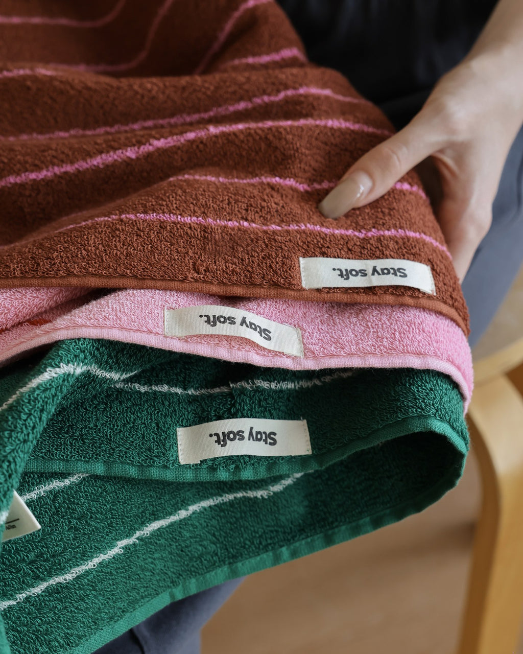 Vintage Stripe Cotton Towel Set - Brown / Pink