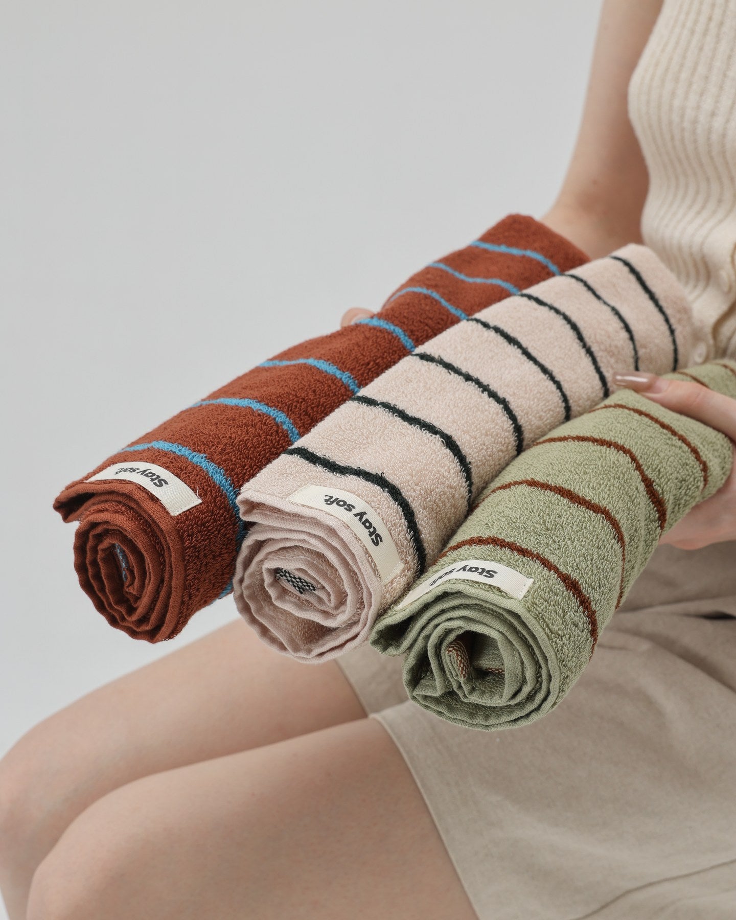 Vintage Stripe Cotton Towel Set - Brown / Pink