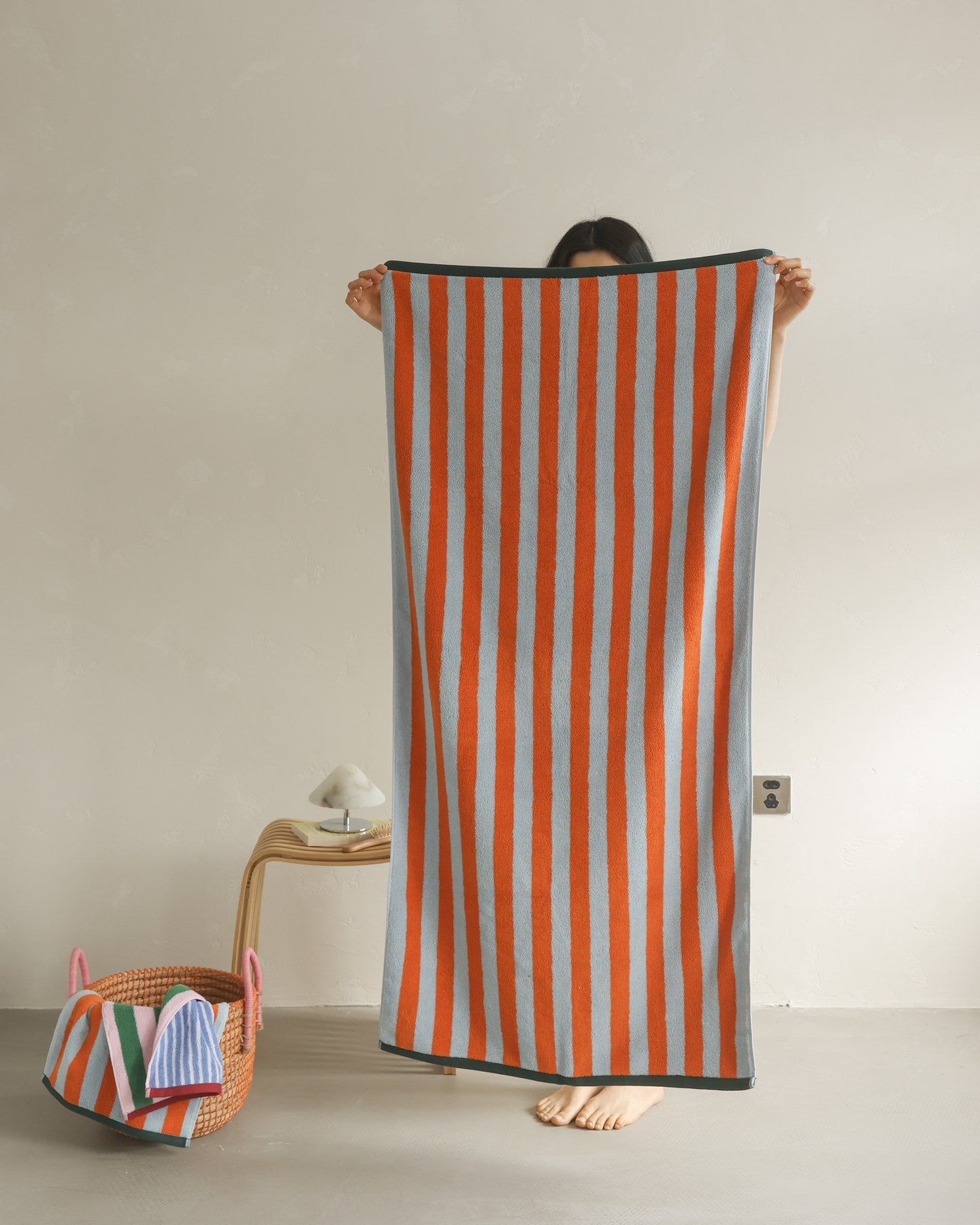 Korean Double-Sided Stripe Cotton Towel Set - Orange / Blue - image 1