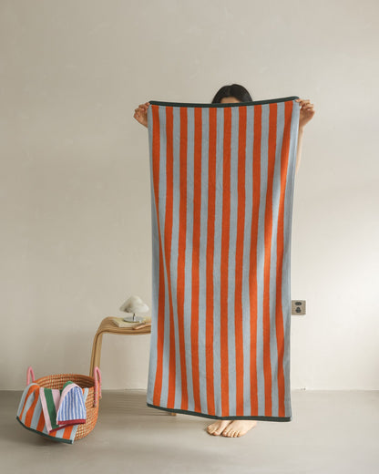 Korean Double-Sided Stripe Cotton Towel Set - Orange / Blue - image 1