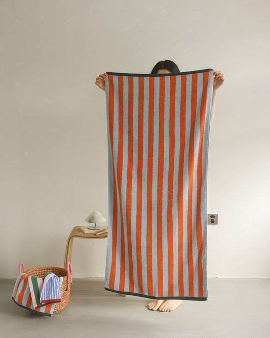 Korean Double-Sided Stripe Cotton Towel Set - Orange / Blue - image 1