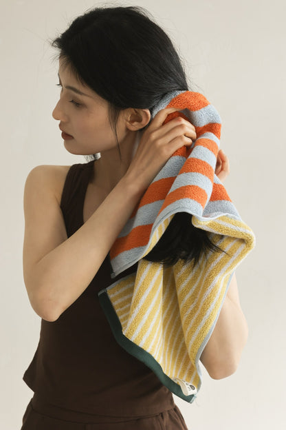 Korean Double-Sided Stripe Cotton Towel Set - Orange / Blue - image 4