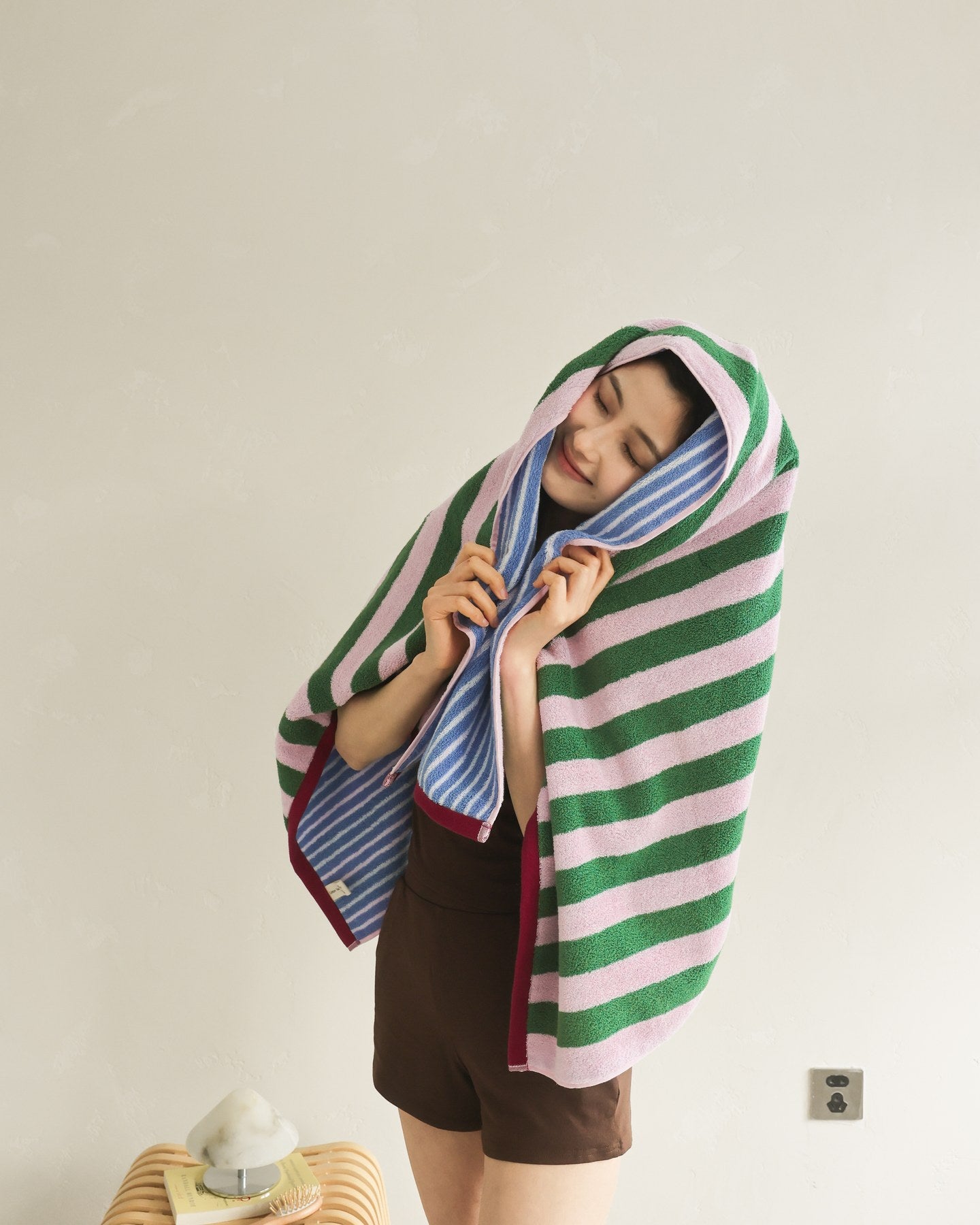 Korean Double-Sided Stripe Cotton Towel Set - Peach Pink / Green - image 2