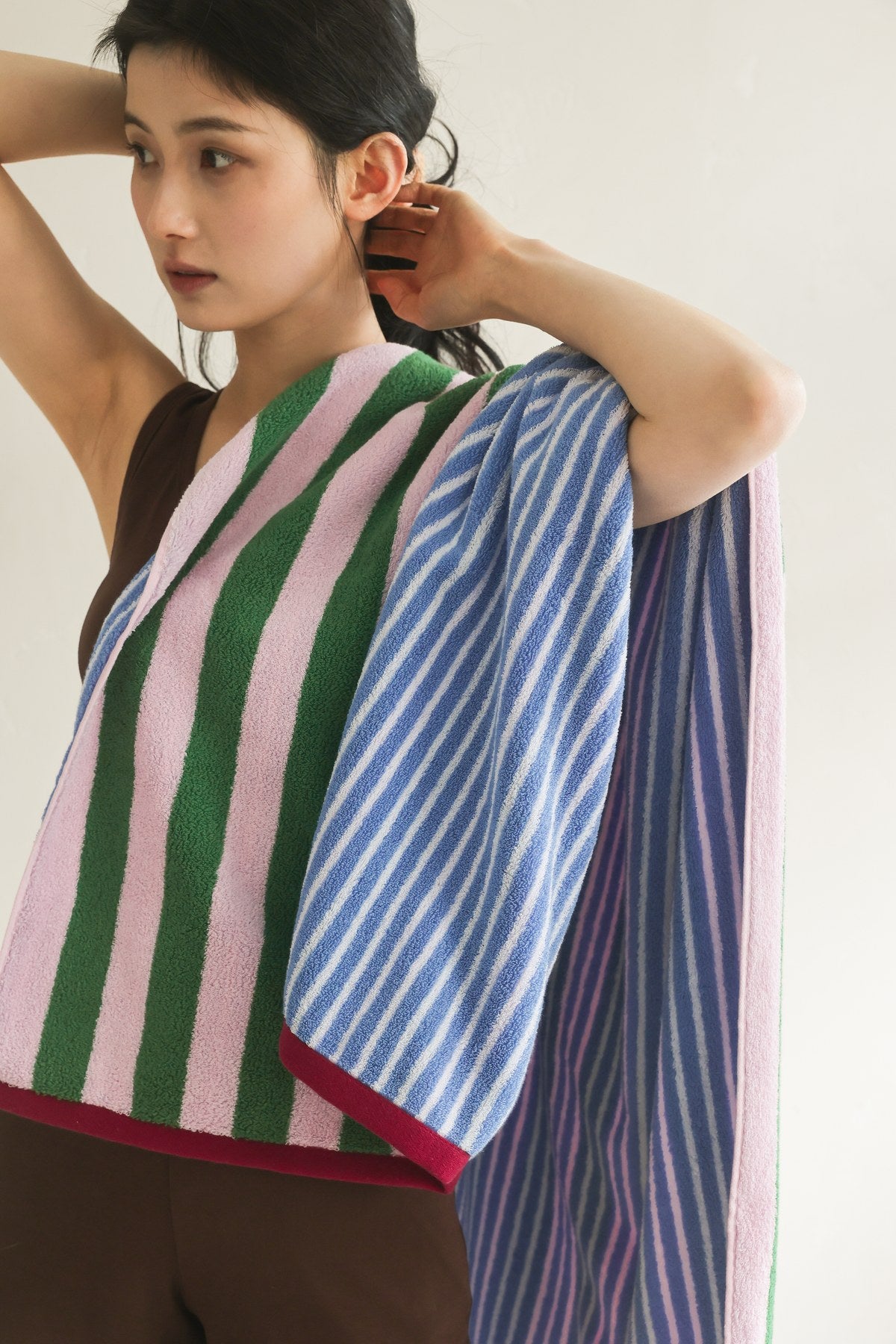 Korean Double-Sided Stripe Cotton Towel Set - Peach Pink / Green - image 3