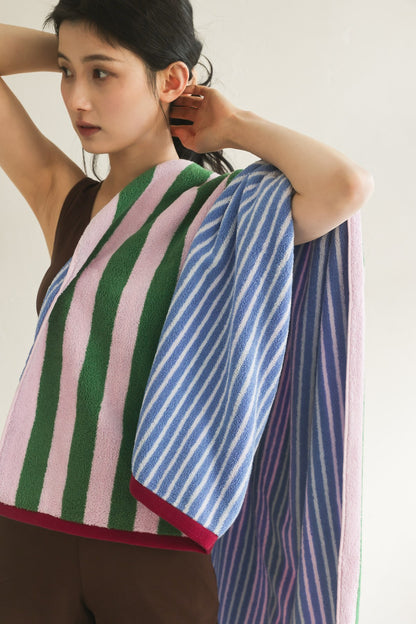 Korean Double-Sided Stripe Cotton Towel Set - Peach Pink / Green - image 3