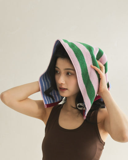 Korean Double-Sided Stripe Cotton Towel Set - Peach Pink / Green - image 4