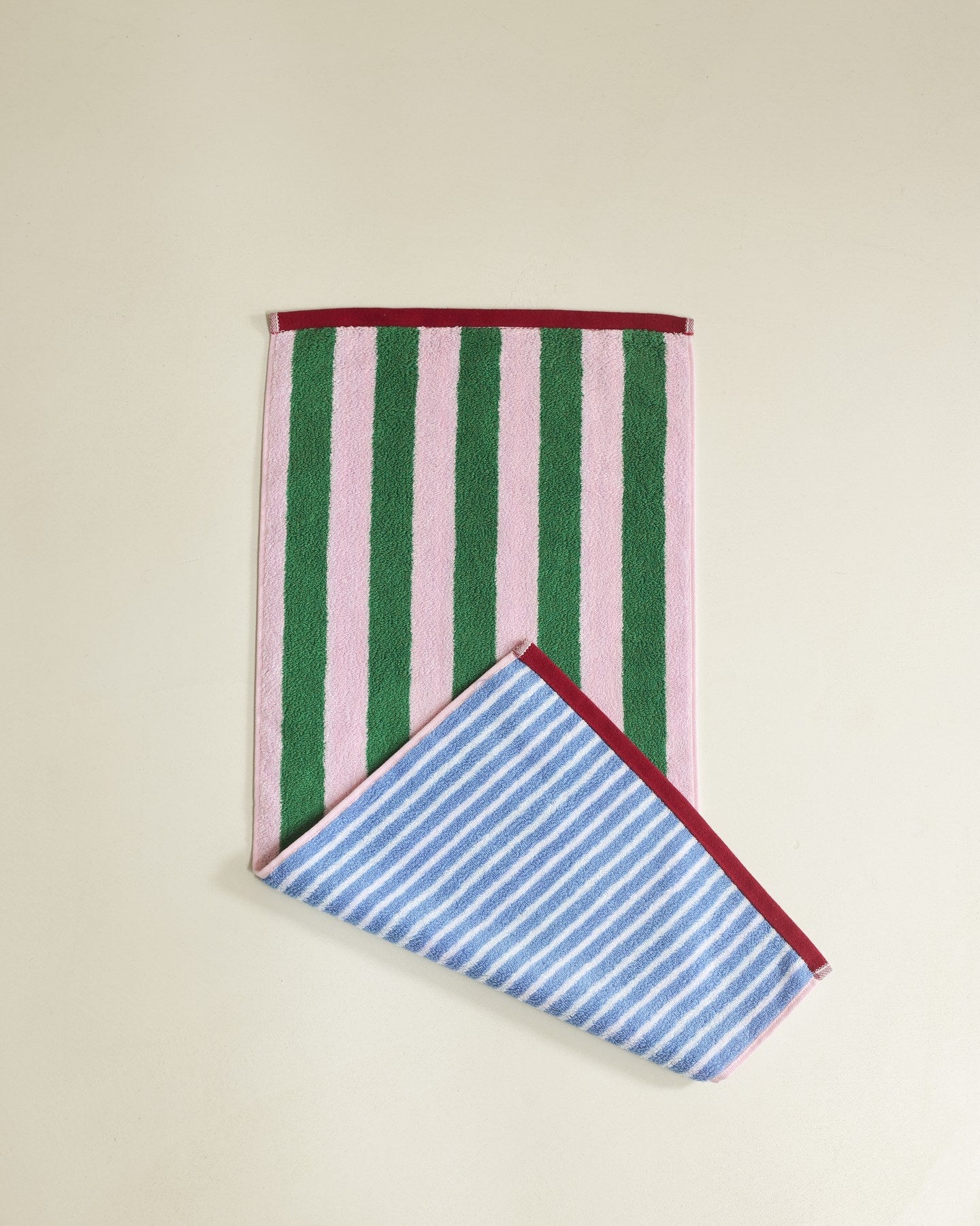Korean Double-Sided Stripe Cotton Towel Set - Peach Pink / Green - image 5
