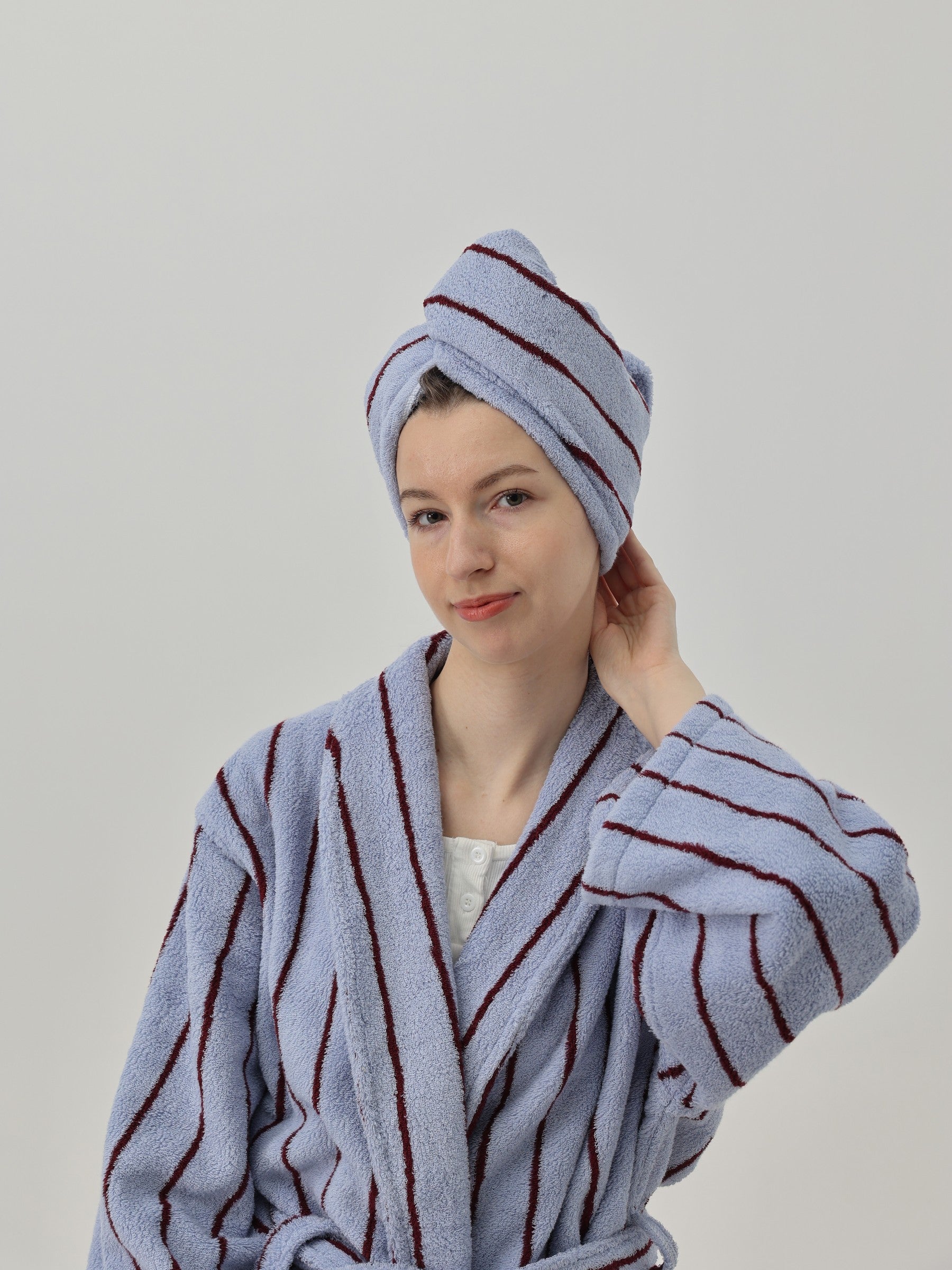 Retro Stripe Cotton Hair Towel Wrap - Blue / Burgundy - view 4
