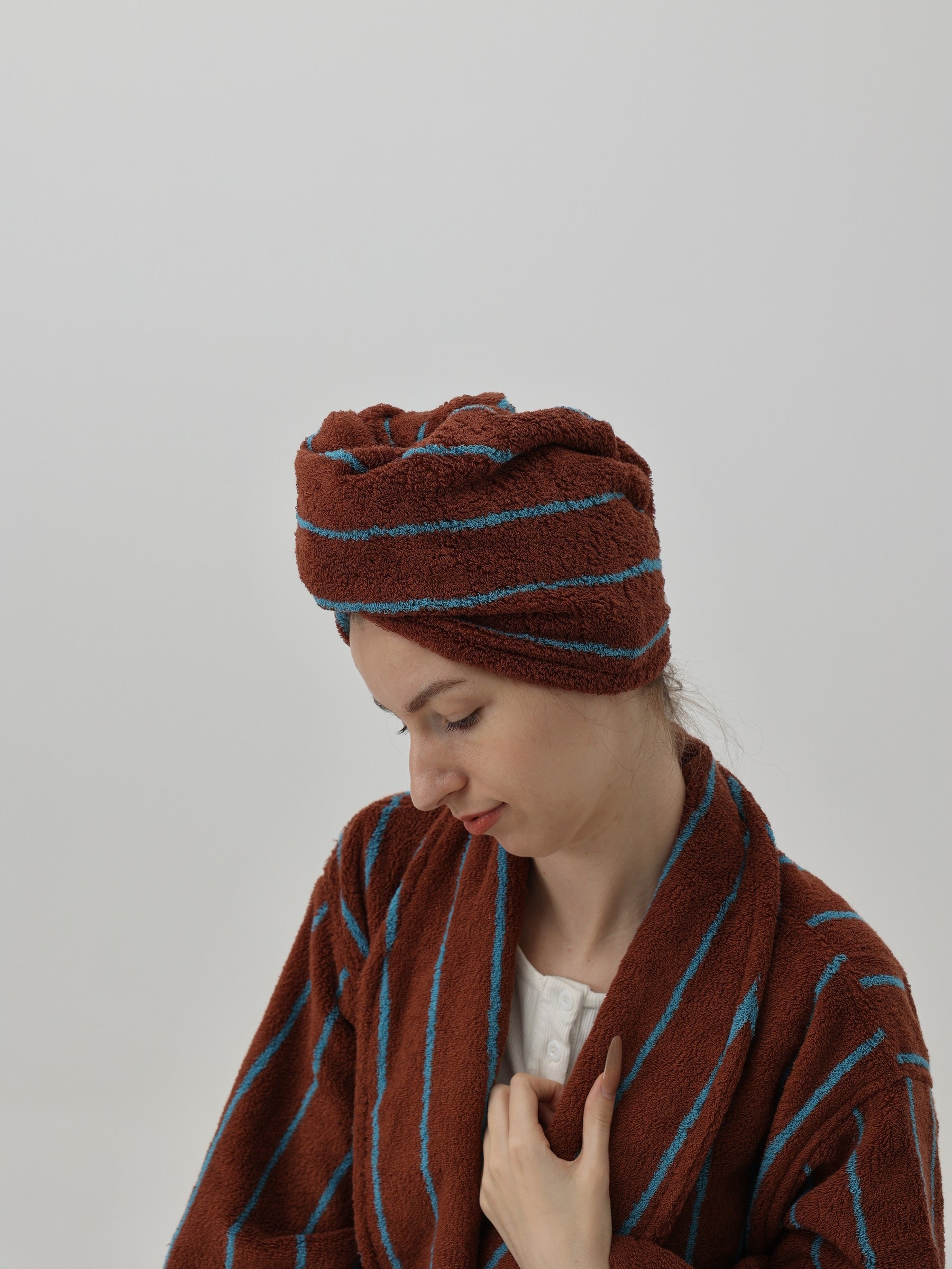 Retro Stripe Cotton Hair Towel Wrap - Mocha / Blue - view 2