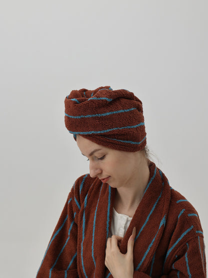 Retro Stripe Cotton Hair Towel Wrap - Mocha / Blue - view 2