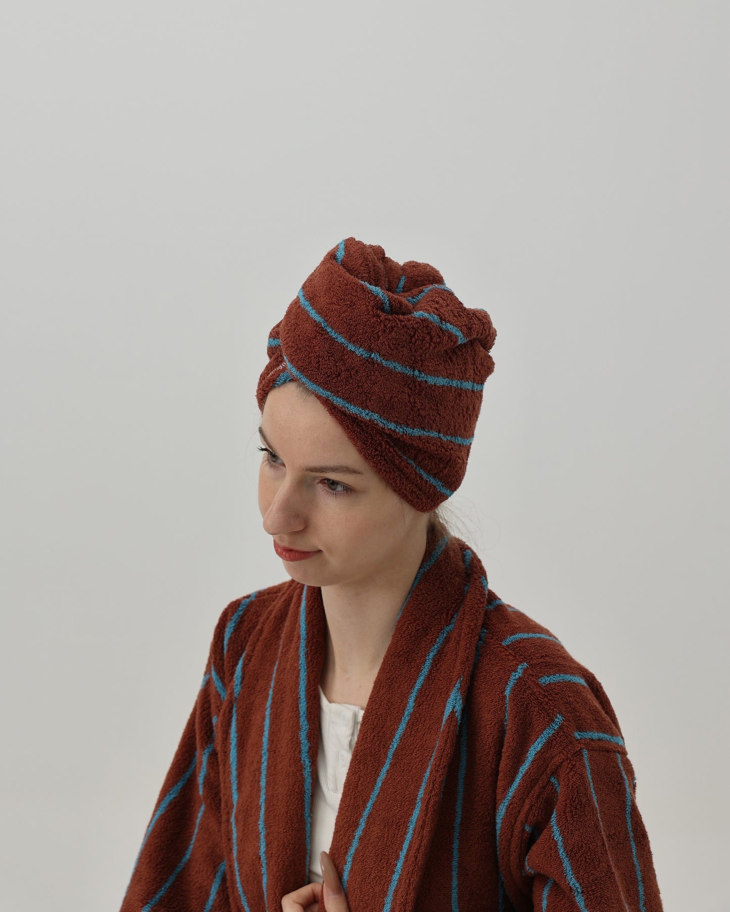 Retro Stripe Cotton Hair Towel Wrap - Mocha / Blue - view 3