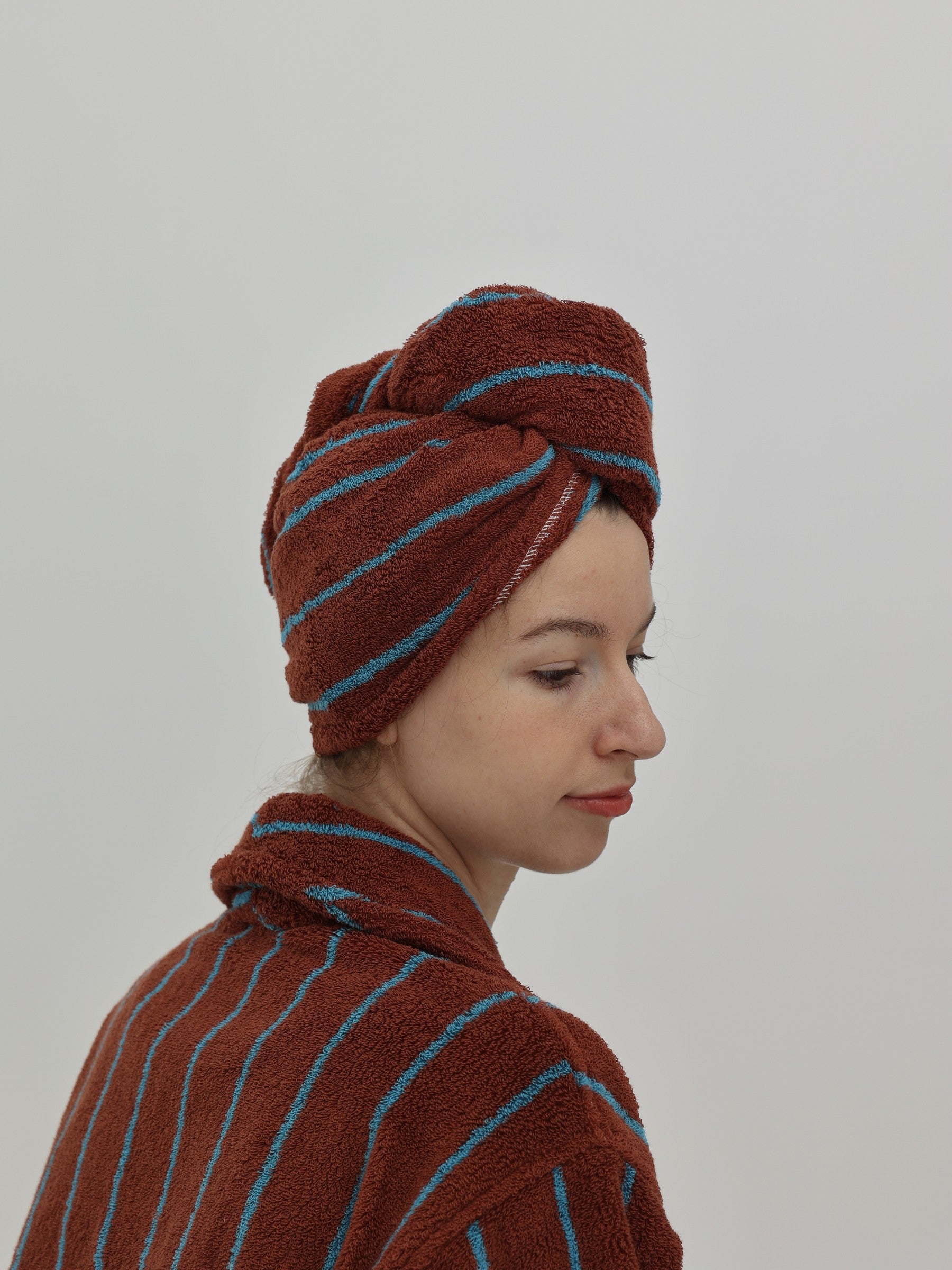 Retro Stripe Cotton Hair Towel Wrap - Mocha / Blue - view 4