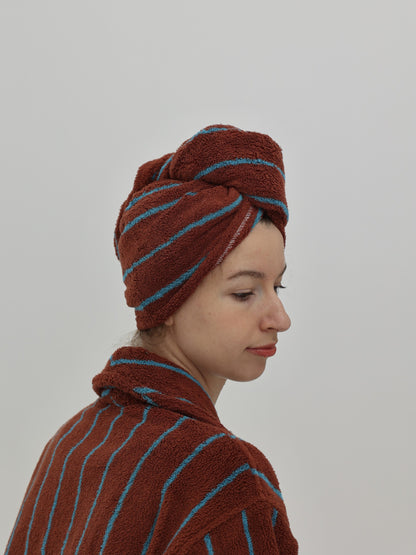 Retro Stripe Cotton Hair Towel Wrap - Mocha / Blue - view 4
