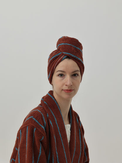 Retro Stripe Cotton Hair Towel Wrap - Mocha / Blue - view 5