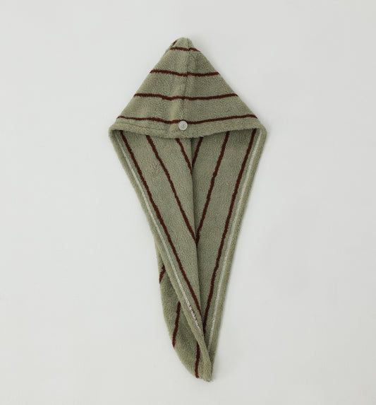 Retro Stripe Cotton Hair Towel Wrap - Moss Green / Brown - view 1