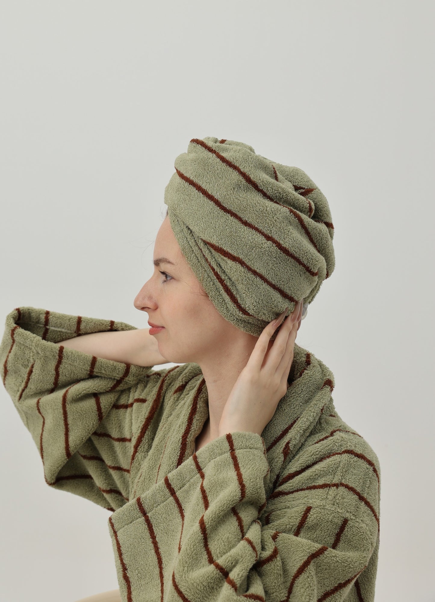 Retro Stripe Cotton Hair Towel Wrap - Moss Green / Brown - view 2