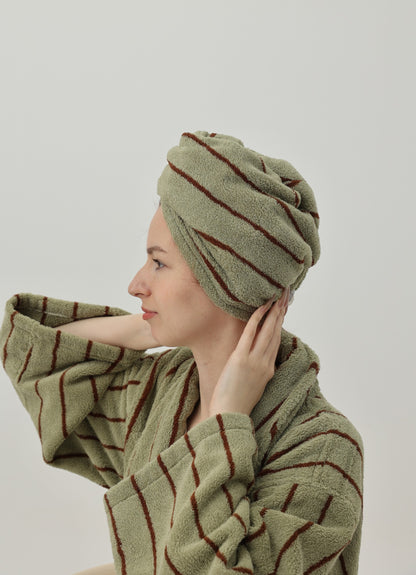 Retro Stripe Cotton Hair Towel Wrap - Moss Green / Brown - view 2