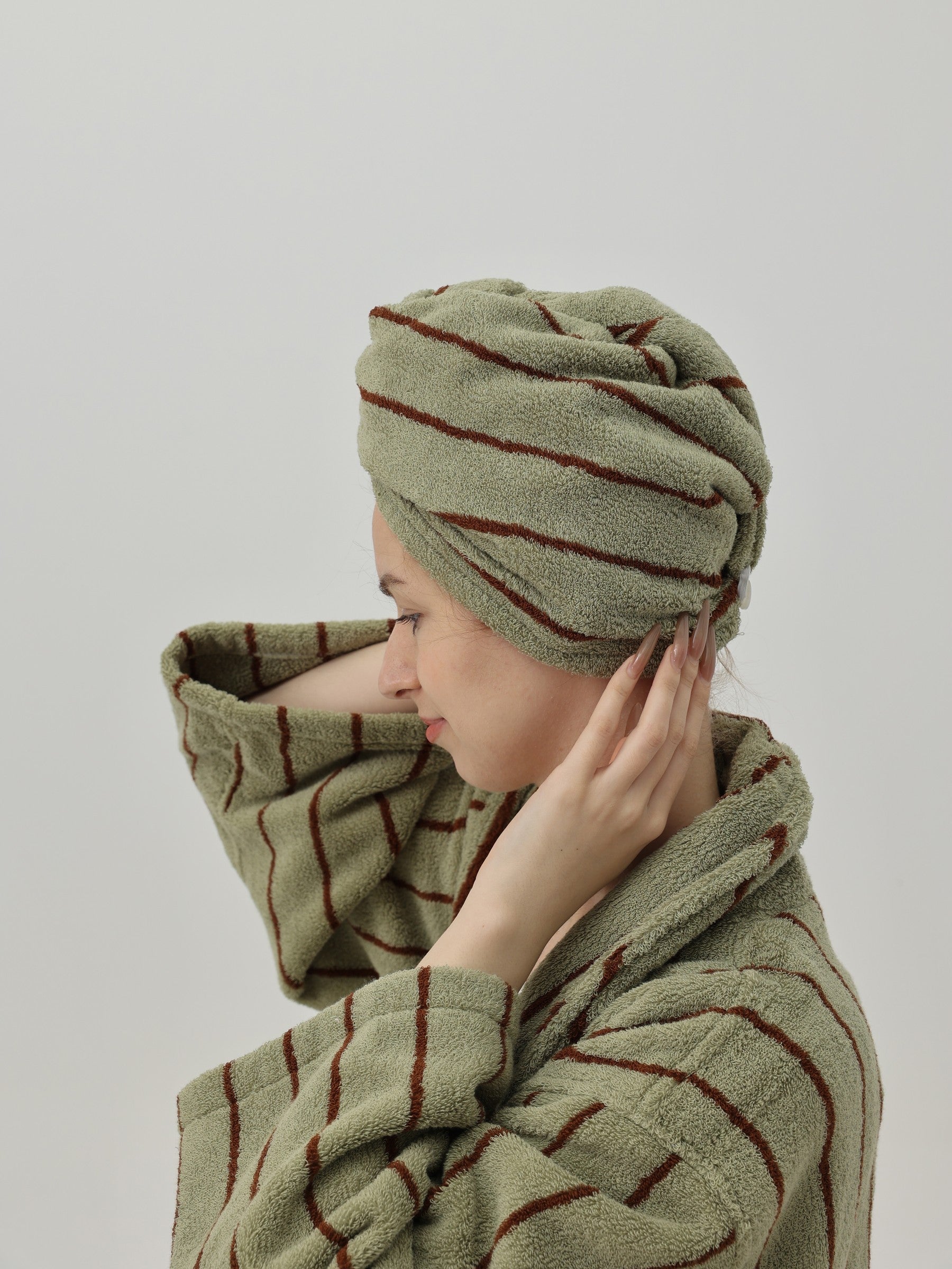 Retro Stripe Cotton Hair Towel Wrap - Moss Green / Brown - view 3