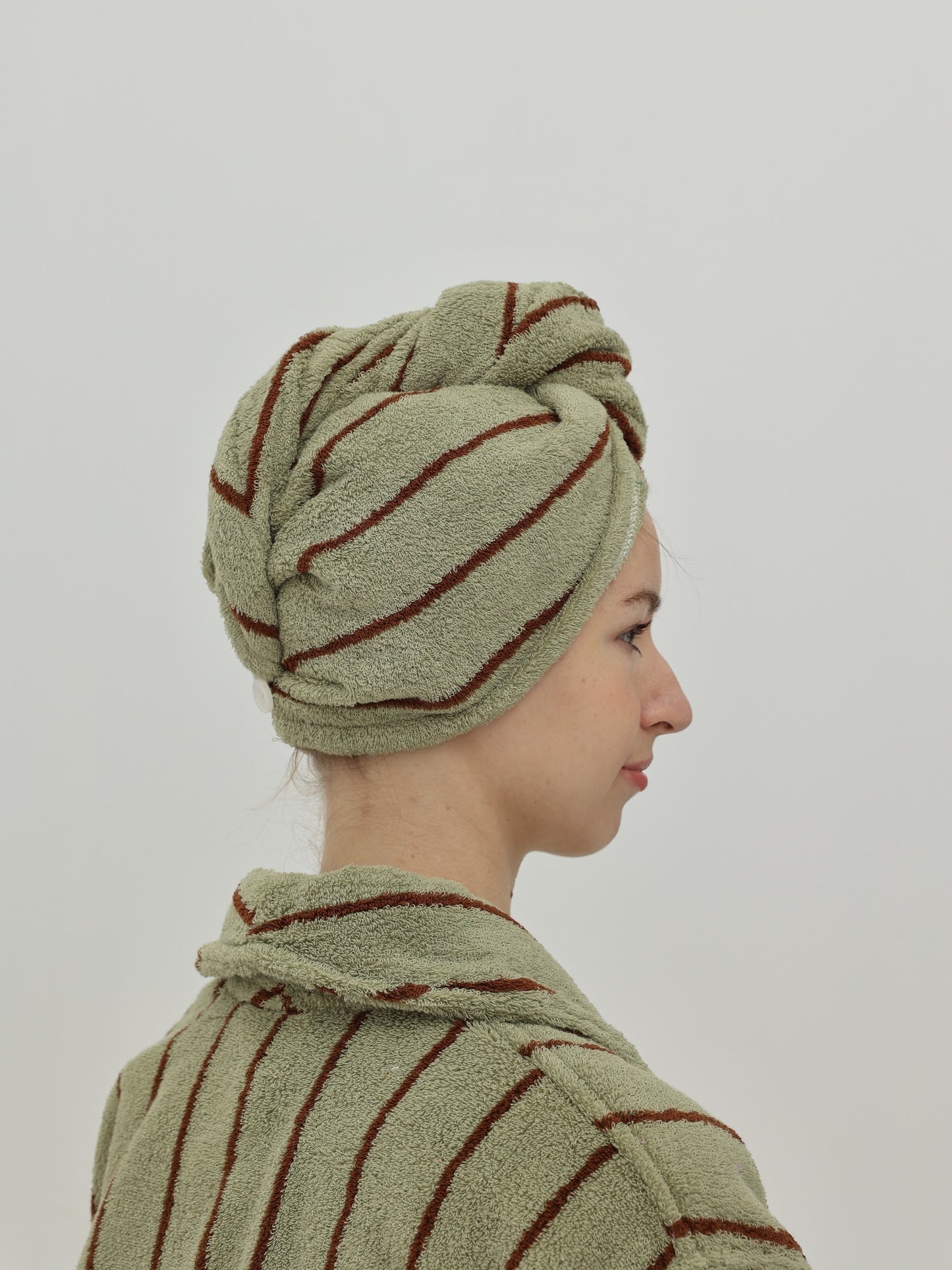Retro Stripe Cotton Hair Towel Wrap - Moss Green / Brown - view 4