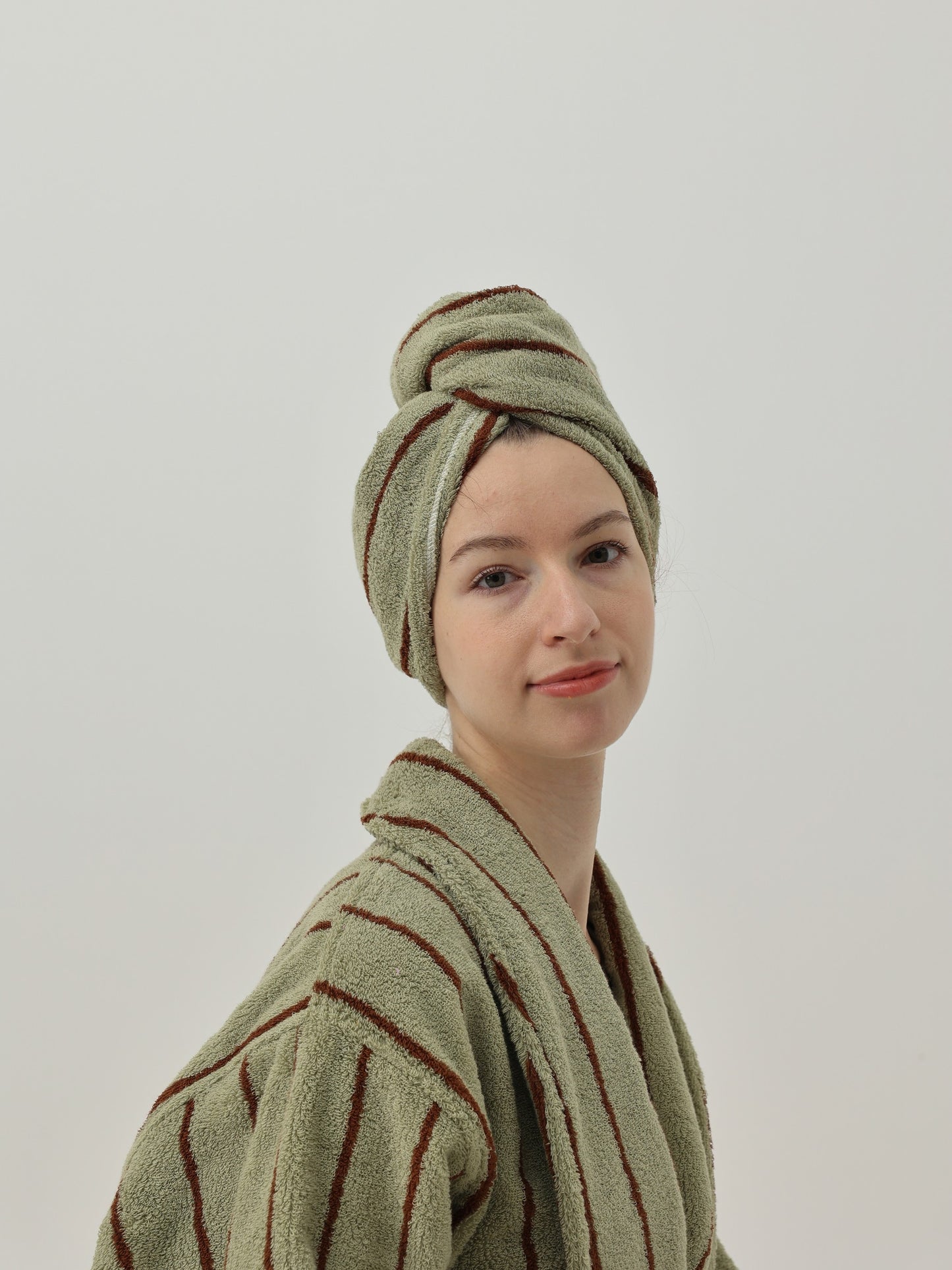 Retro Stripe Cotton Hair Towel Wrap - Moss Green / Brown - view 5