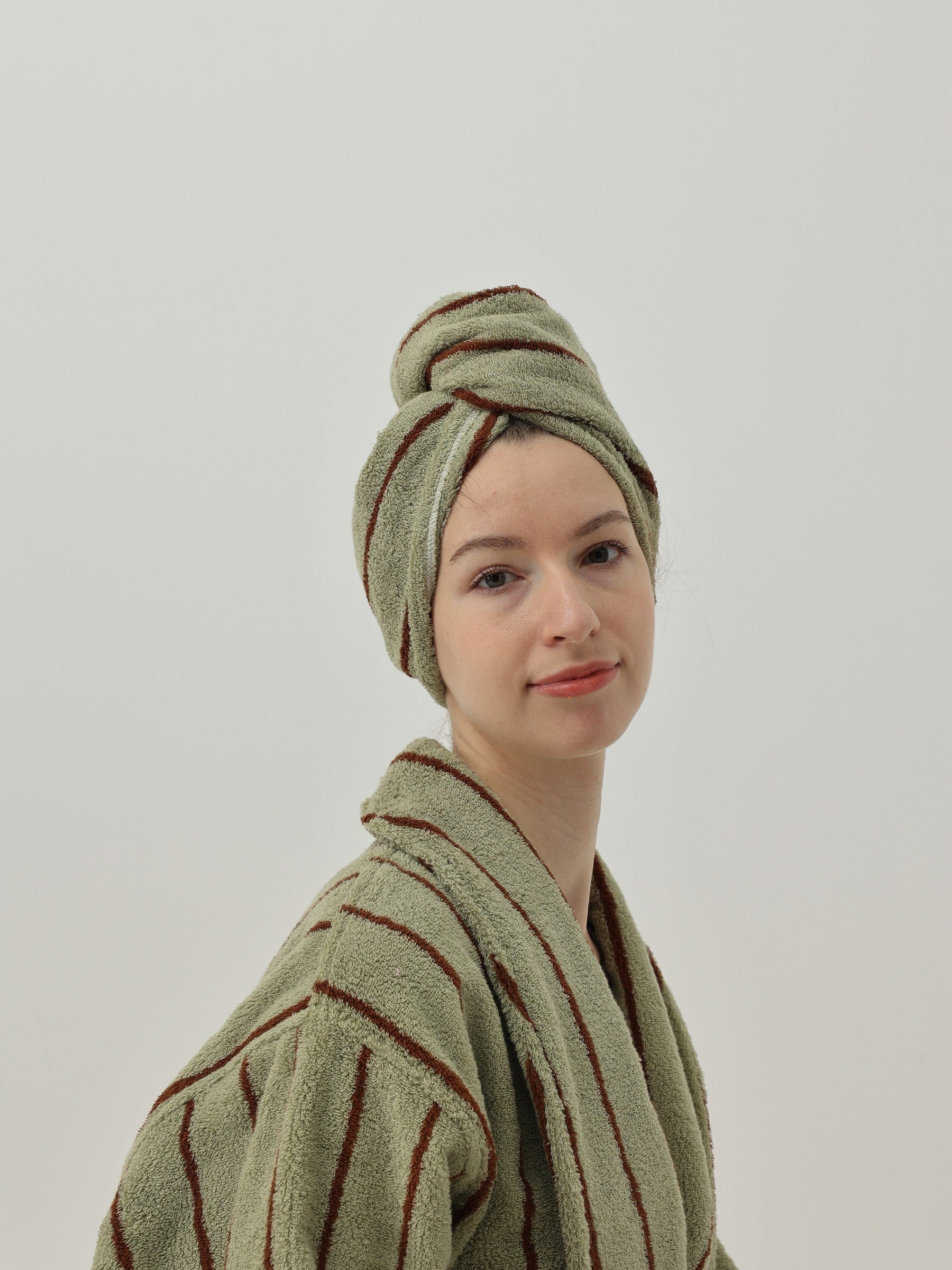 Retro Stripe Cotton Hair Towel Wrap - Moss Green / Brown - view 5