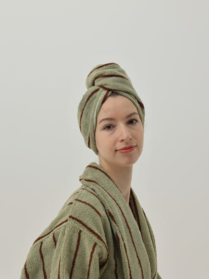 Retro Stripe Cotton Hair Towel Wrap - Moss Green / Brown - view 5