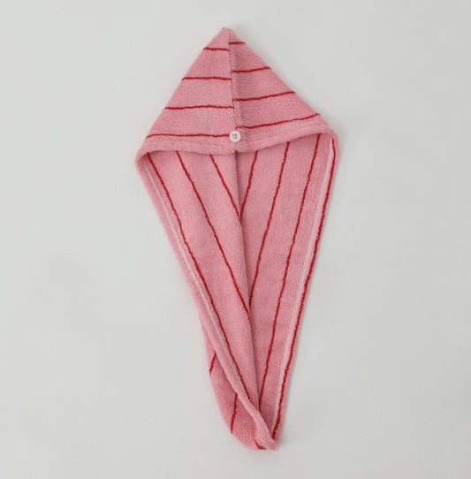 Retro Stripe Cotton Hair Towel Wrap - Rose Pink / Red - view 1