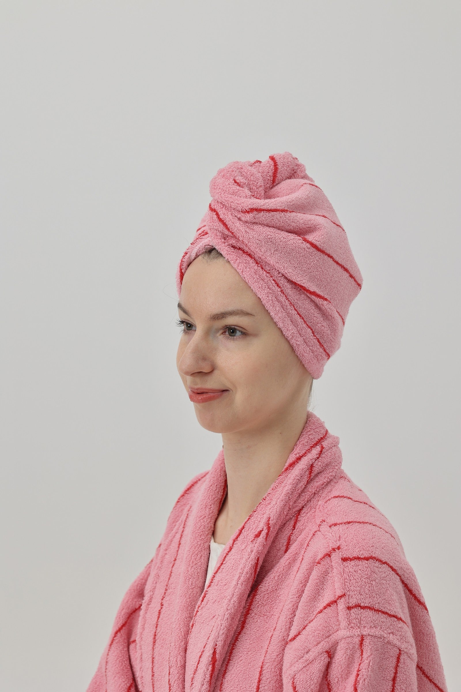 Retro Stripe Cotton Hair Towel Wrap - Rose Pink / Red - view 2