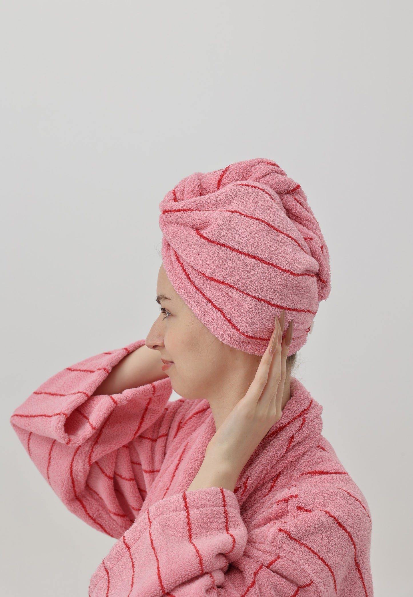 Retro Stripe Cotton Hair Towel Wrap - Rose Pink / Red - view 3