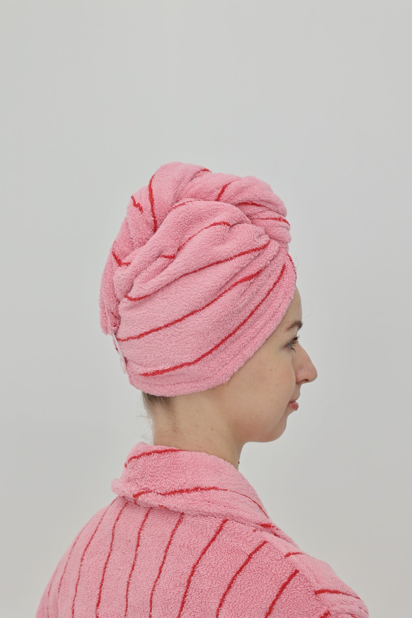 Retro Stripe Cotton Hair Towel Wrap - Rose Pink / Red - view 4