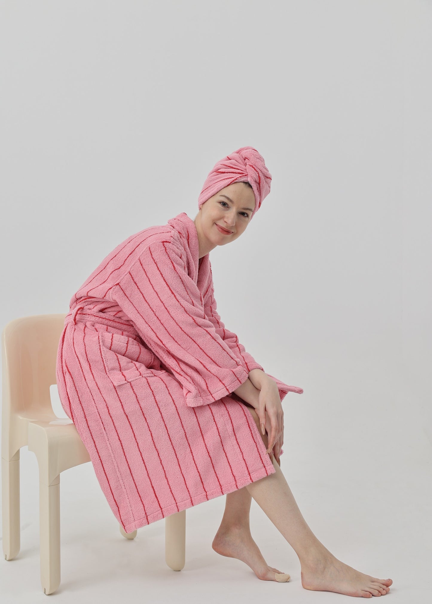 Retro Stripe Cotton Hair Towel Wrap - Rose Pink / Red - view 5