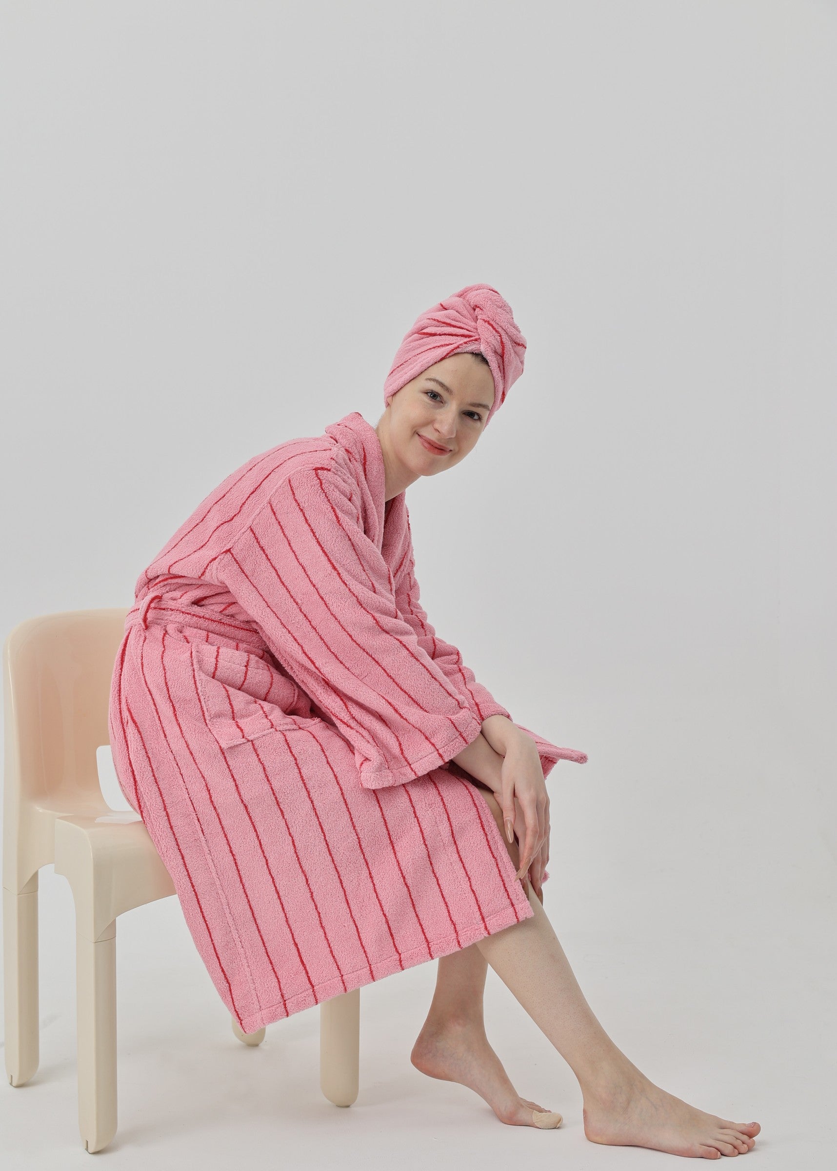 Retro Stripe Cotton Hair Towel Wrap - Rose Pink / Red - view 5