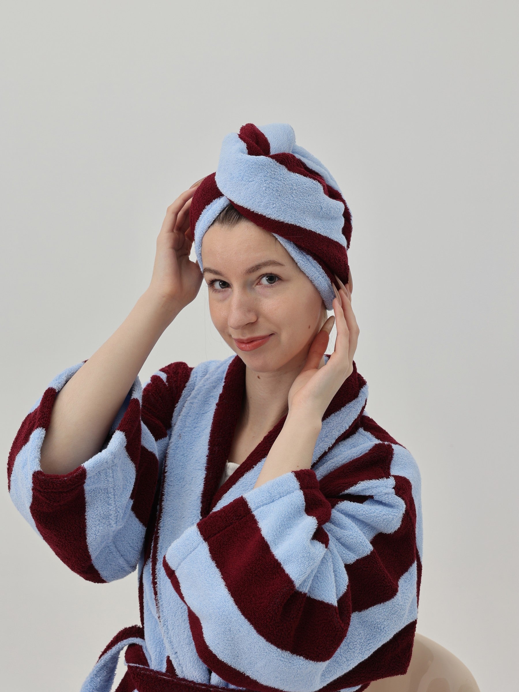Retro Stripe Cotton Hair Towel Wrap - Sky Blue / Bordeaux - view 2