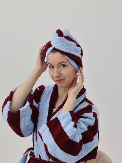 Retro Stripe Cotton Hair Towel Wrap - Sky Blue / Bordeaux - view 2