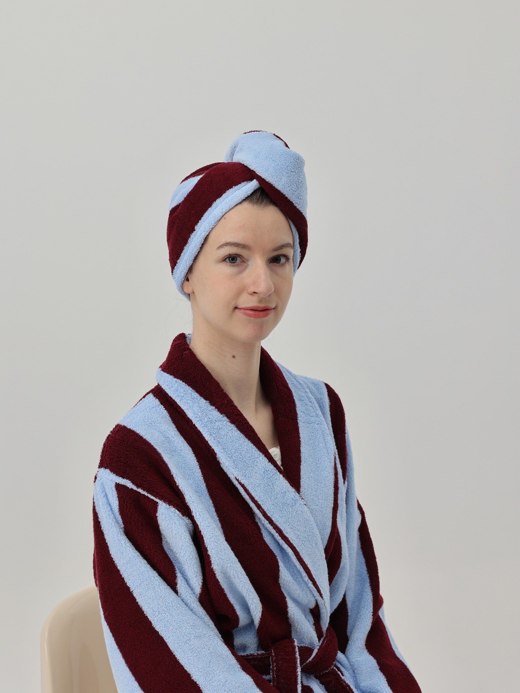 Retro Stripe Cotton Hair Towel Wrap - Sky Blue / Bordeaux - view 3
