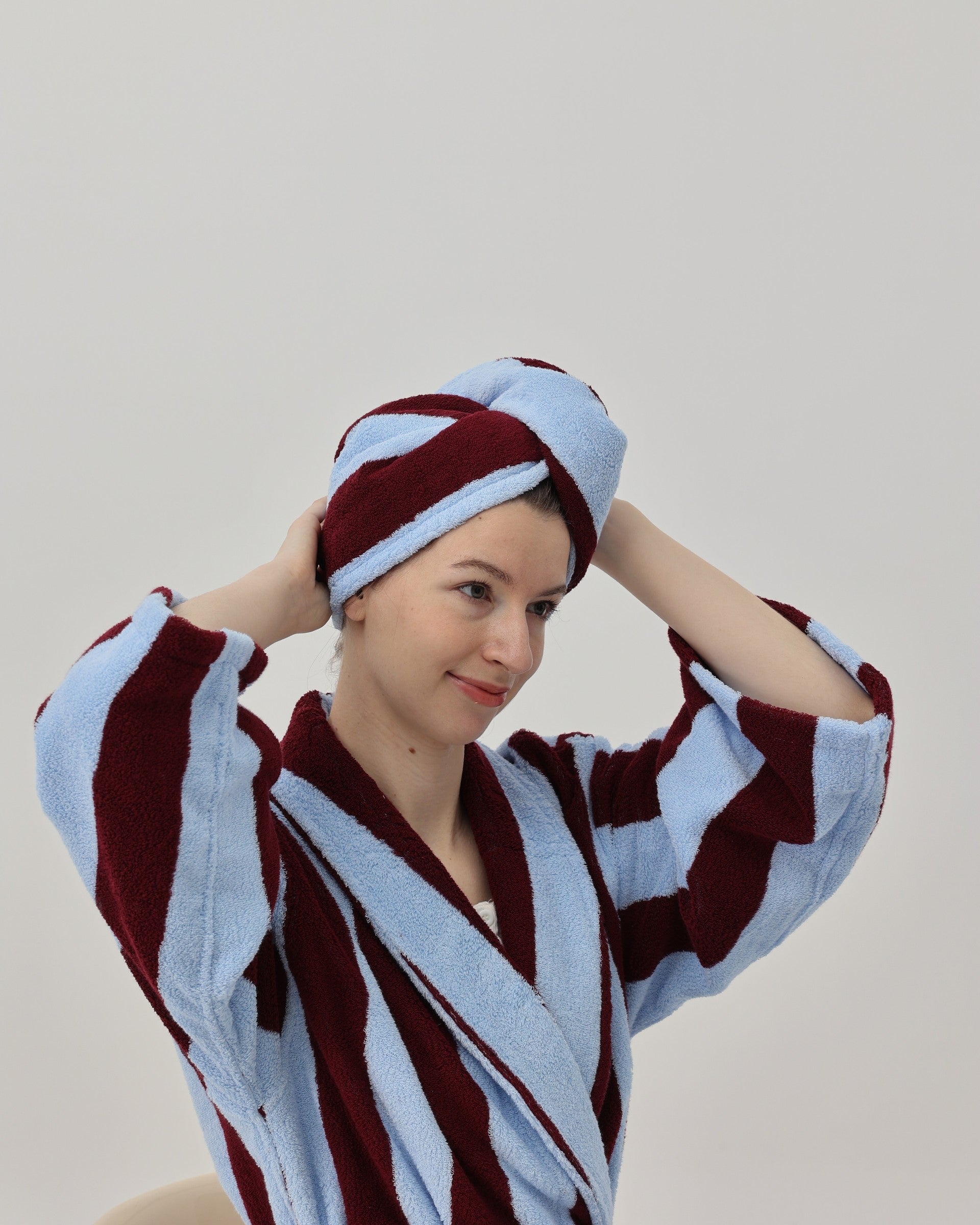 Retro Stripe Cotton Hair Towel Wrap - Sky Blue / Bordeaux - view 4
